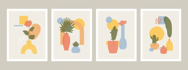 Abstrakte Vasen. Abstrakte minimalistische Vasen, Blumen und Blätterformen, handgezeichnete Stillleben-Vektorillustrationen. Abstrakte Kunst der Gegenwart — Stockvektor