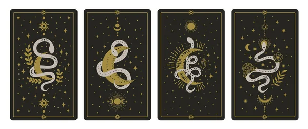 Magical snakes tarot cards. Occult hand drawn tarot cards, esoteric spiritual snakes wisdom symbol cards vector illustration set. Magic snake tarot cards — Stock Vector