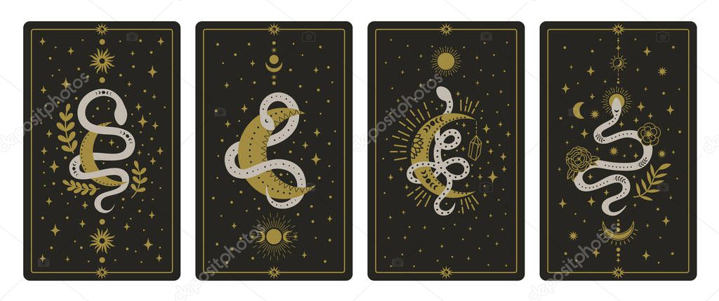 Magical snakes tarot cards. Occult hand drawn tarot cards, esoteric spiritual snakes wisdom symbol cards vector illustration set. Magic snake tarot cards