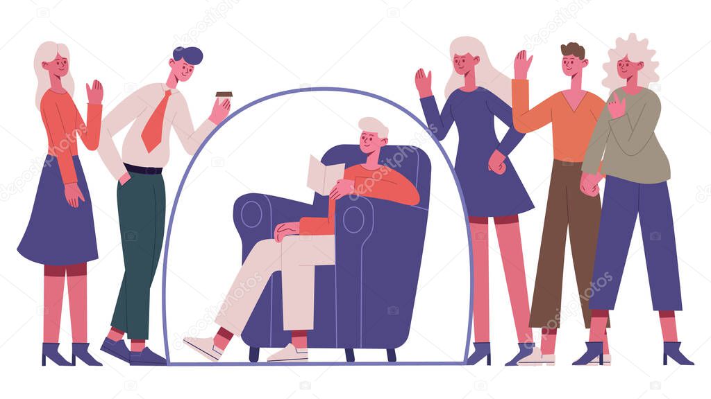 Unsocial introverted person. Unsocial woman people group separation, young introvert girl in bubble vector illustration. Introverted female character