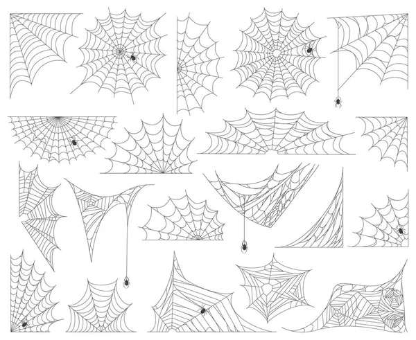 Halloween spindelnät. Läskig spindel spindelväv, spindel insekter trasiga web silhuett vektor illustration set. Spindelväv skrämmande halloween inredning — Stock vektor