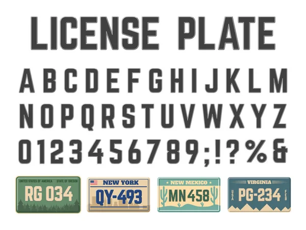 Tablice rejestracyjne samochodów alfabetu. Znaki rejestracyjne pojazdu alfabet łaciński, numery tablic rejestracyjnych i litery wektor ilustracji zestaw. Numery licencji samochodowych abc font — Wektor stockowy