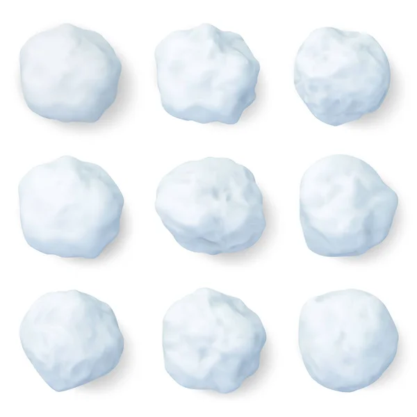 Realistic snowballs. Winter frozen snow ball, christmas snowy decorations or kids winter snowballs game elements vector illustration set. White 3d snowballs — Stock Illustration Realistic snowballs. Winter frozen snow ball, christmas snowy decorations or kids winter snowballs game elements vector illustration set. White 3d snowballs Vector Graphics