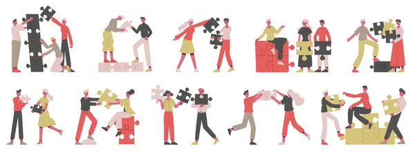 Partnerschapsconcept. Mensen verzamelen puzzelelementen, teamwork, coworking of partnerschap vector illustratie set. Creatief bedrijfsproject — Stockvector