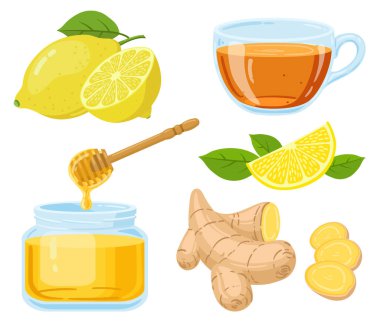 Doğal öksürük şurubu. Tatlım, C vitamini limon, sıcak çay ve zencefil kökü karikatür çizim seti. Doğal tıp ilaçları.