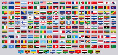 Ulusal bayraklar. Dünya ülkeleri bayrak amblemleri, Avrupa, Asya, Güney ve Kuzey Amerika ulusal sembolleri çizim seti. Resmi ulusal bayraklar