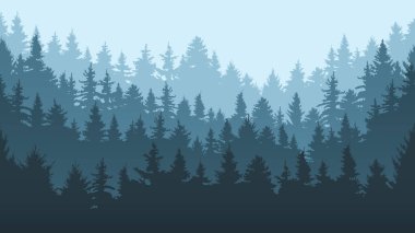 Çam ormanı manzarası. Evergreen Spruce Ağaç Parkı manzarası, kozalaklı orman manzarası arka plan çizimi. Doğa daima yeşil orman manzarası
