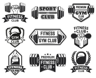 Spor salonu etiketleri. Spor, vücut geliştirme, fitness ekipmanı sembolleri, klasik fitness rozetleri siluet vektör illüstrasyon seti. Sağlık ekipmanları amblemleri