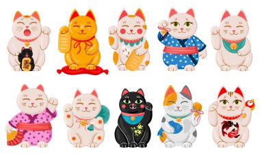 Japon maneki neko kedileri. Çizgi film şanslı Japon geleneksel kedi oyuncakları, kawaii doğulu servet sembolü hayvan vektör çizimi seti. Tatlı Asyalı maneki neko kediler.
