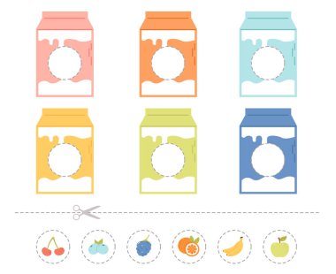 Çocuklar oyunu kesip yapıştırıyor. Anaokulu oyun kağıtları, renkleri öğrenme kartları izole edilmiş vektör çizimleri. Eğitici çocuklar için oyun kartları