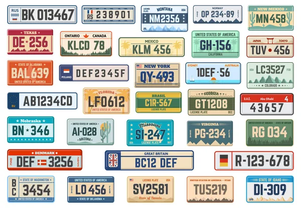 Placas de matrícula. Placas de matrícula de coche, americano, asiático y europeo números de licencia de automóvil vector ilustración conjunto. Señales metálicas de transporte — Vector de stock