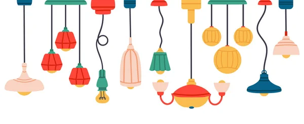 Lámparas y lámparas de araña, elementos interiores dibujados a mano y elementos de iluminación — Vector de stock