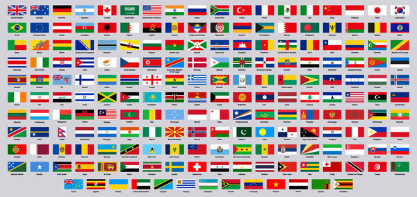 Государственный флаг. Набор векторных иллюстраций гербов стран мира, Европы, Азии, Южной и Северной Америки. Официальные национальные флаги