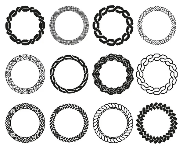 Keltische Flechtrahmen. Abgerundete geflochtene Ornamente Rahmen, irische geflochtene Flechtmuster isoliert Vektor Illustration Set. Runde keltische Zöpfe — Stockvektor