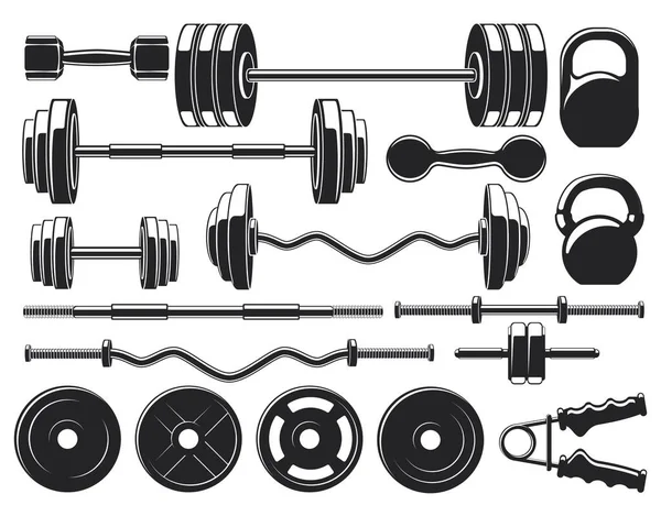 Alat berat Gym. Fitness dumbbell dan barbell siluet, binaraga berat vektor ditetapkan. Peralatan olahraga klasik siluet - Stok Vektor