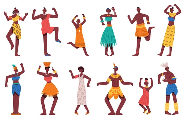 Des danseurs africains. Danse tribale africaine noir personnages masculins et féminins isolés dessin animé vecteur illustration ensemble. Danses tribales africaines — Image vectorielle