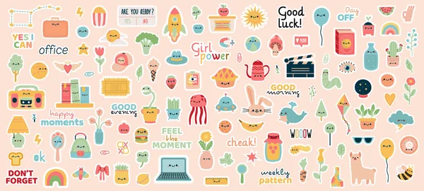 Stickers planificateur hebdomadaire. Carnet Doodle, carnet ou badges de planificateur, phrases de motivation et jeu d'illustrations vectorielles de personnages mignons. Stickers Planificateur — Image vectorielle