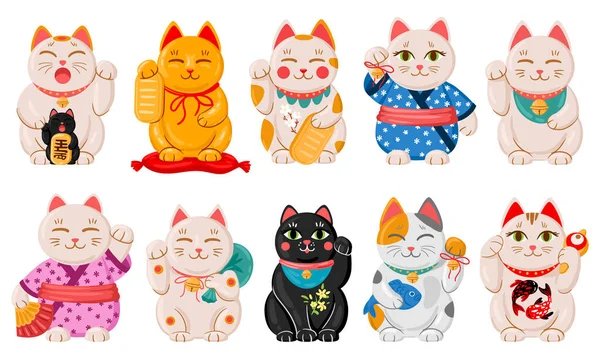 Japanse maneki neko katten. Cartoon geluk japan traditionele kat speelgoed, kawaii oosters fortuin symbool dier vector illustratie set. Leuke Aziatische maneki neko katten — Stockvector