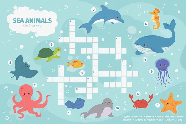 Crucigrama de animales marinos. Crucigrama para niños juego de puzzle, animales marinos submarinos, pulpo, tortuga y ballena vector ilustración. Océano fauna niños crucigrama — Archivo Imágenes Vectoriales