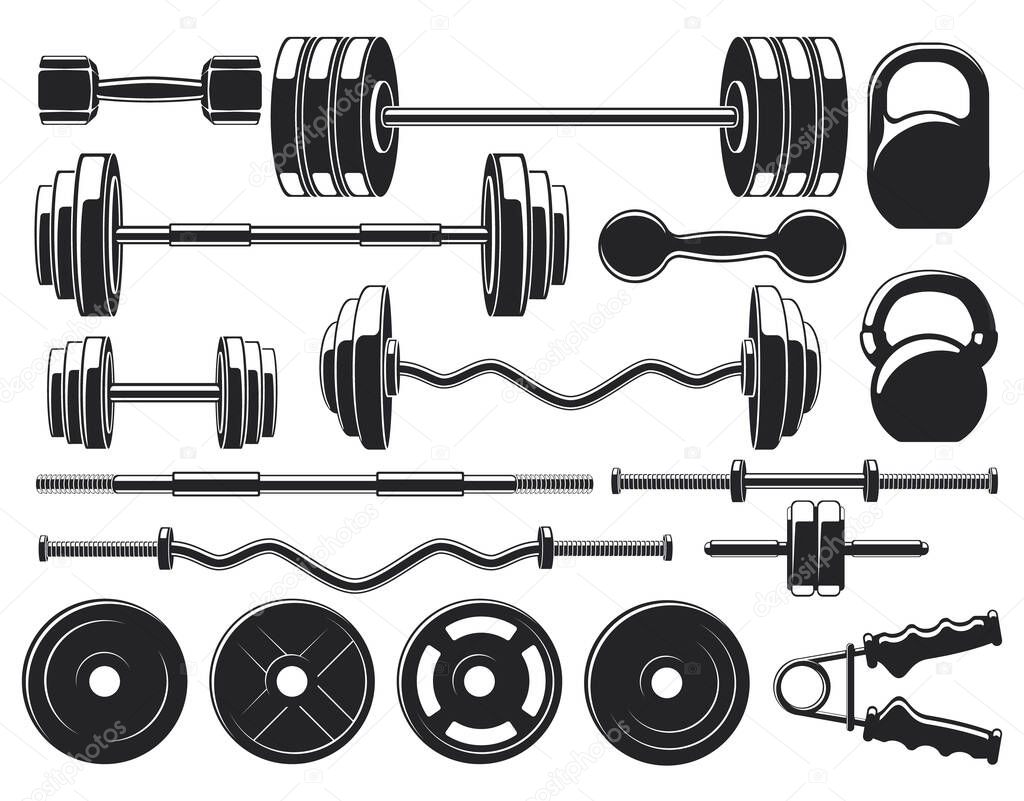 Gym heavy weight equipment. Fitness dumbbell and barbell silhouettes, bodybuilding heavy weight vector icons set. Vintage gym tools silhouette