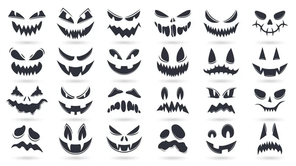 Halloween pumpkins faces. Spooky ghost emoticons faces isolated vector illustration set. Scary pumpkin faces silhouette — Stock Vector