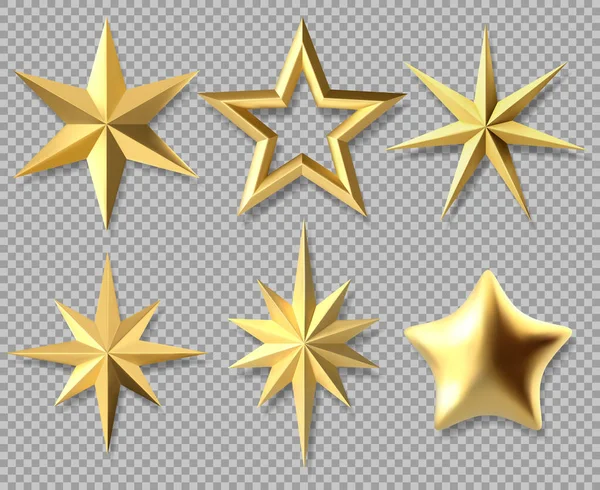 Realistic Christmas stars. Golden xmas glossy 3D stars, award decorative symbol isolated vector illustration set. Gold Christmas star icons — Stok Vektör