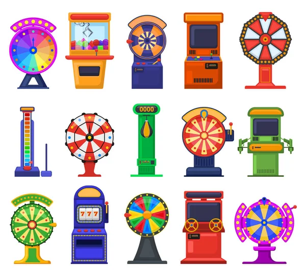 Gambling slot machines. Arcade video games, casino gambling slot machines and coin entertainment devices vector illustration set. Retro gambling machines — Image vectorielle