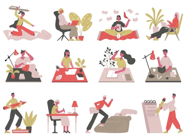 Writing characters. Professional writer, journalist, blogger and copywriter writing texts or posting vector illustration set. Storytelling and writing people — Wektor stockowy