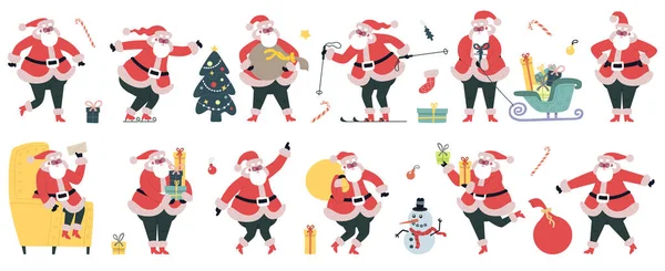 Cute Santa Claus. Christmas winter holidays characters, cheerful Santa with gifts vector illustration set. Funny Christmas mascot — Stockový vektor