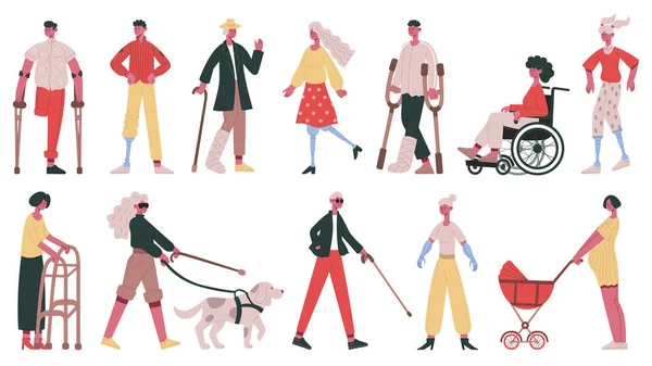 Disabled people. Handicapped, blind, deaf characters, people in wheelchair, with prosthetic arms and legs vector illustration set. Adult disabled characters — Image vectorielle