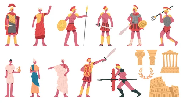 Ancient roman empire. Ancient roman characters, emperor, centurions, soldiers and plebs cartoon vector illustration set. Rome empire symbols — стоковий вектор