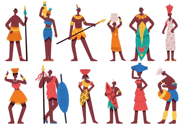 African people. Male and female characters in traditional tribal clothes isolated cartoon vector illustration set. African black people — ストックベクタ