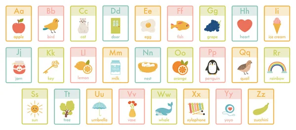 Alphabet kids cards. Kindergarten abc learning, children education animals, fruits and toys cards vector illustration set. Cute alphabet for children — Stock vektor