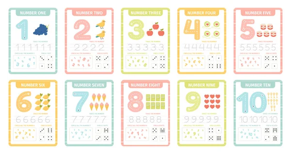 Numbers learning cards. Kindergarten flashcards with numbers, learning and spelling numbers from 1 to 10 vector illustration set. Kids counting worksheets — Vetor de Stock