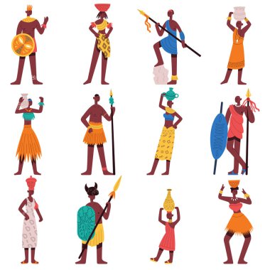 Afrikalı karakterler. Kabile erkek ve kadın insanları, geleneksel etnik kıyafet vektör çizimi seti giyen siyah karakterler. Bir grup Afrikalı.