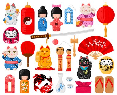 Japon karikatür sembolleri. Doğulu geleneksel oyuncaklar, maneki neko, omamori, daruma ve kokeshi bebekleri vektör illüstrasyon seti. Şirin Japon kültür sembolleri.