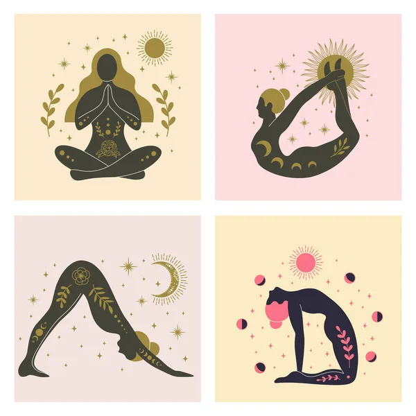 Yoga-Mädchen verschiedene Asanas, Frauen mit Sonne, Mond und floralen abstrakten Elementen — Stockvektor