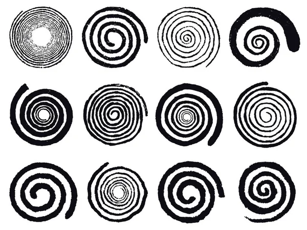 Grunge-spiraler. Roterende, abstrakte, enkle roterende spiraler, spiralsirkler med svart blekk, isolert vektorillustrasjonssett. Virvelelementer av virvel – stockvektor
