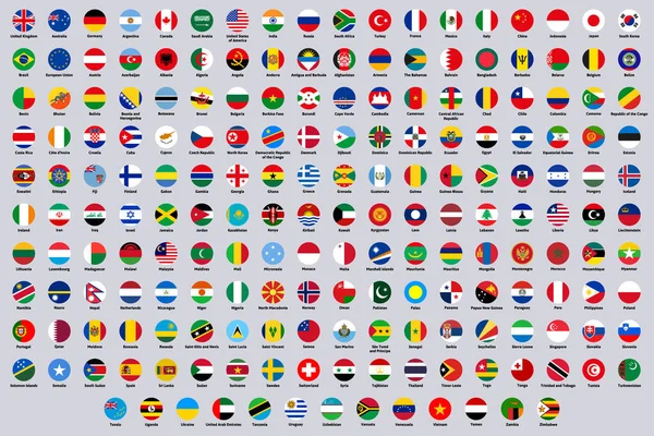 Drapeaux ronds nationaux mondiaux. Drapeaux des pays d'Europe, d'Amérique et d'Asie, ensemble d'illustrations vectorielles arrondies de symboles nationaux. emblèmes des pays du monde — Image vectorielle