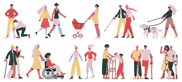 Les personnages handicapés prennent soin. Les personnes handicapées reçoivent des bénévoles, de l'aide d'amis et de familles et des illustrations vectorielles de soins. Personnes sourdes, aveugles et handicapées — Image vectorielle