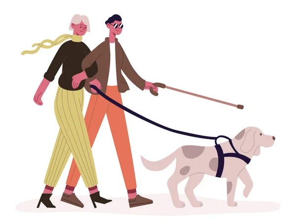 Casal cego com cão guia. Homem e mulher deficientes caminhando com cão guia, casal cego e serviço ilustração vetor animal. Conceito de pessoas com deficiência — Vetor de Stock