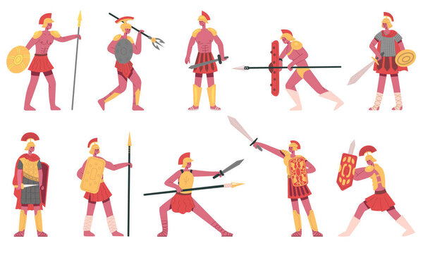 Roman soldiers. Ancient roman army warriors, rome legionnaires, greek soldiers cartoon vector illustration set. Martial roman characters