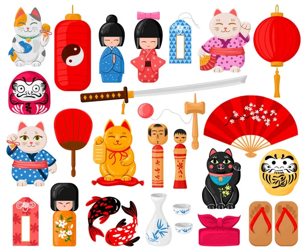 Cartoon japanese symbols. Oriental traditional toys, maneki neko, omamori, daruma and kokeshi dolls vector illustration set. Cute japan culture symbols — Stock Vector