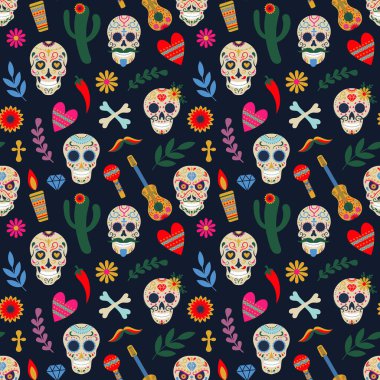 Dia de los muertos deseni. Ölü Meksika çiçek şekeri günü insan kafası kemik vektör arkaplan illüstrasyonu. Ölü gün tatili kusursuz desen