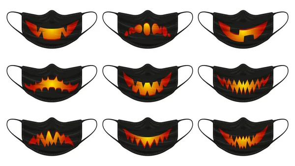 Cadılar Bayramı balkabağı maskesi. Cadılar bayramı ürkütücü kabaklı yüz koruma maskeleri izole edilmiş vektör çizimleriyle karşılaşıyor. Mutlu Cadılar Bayramı Korkunç Yüz Maskesi — Stok Vektör