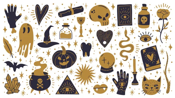 Boszorkány halloween szimbólumok. Doodle boszorkányság kísérteties elemek, mágikus üst, koponya és tök vektor illusztráció készlet. Kísérteties halloween boszorkányság ikonok — Stock Vector