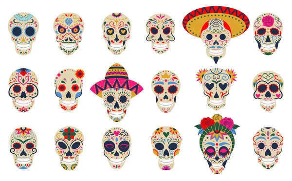 Caveiras Dia de los muertos. Dia dos crânios festival mortos, açúcar floral ossos da cabeça humana conjunto de símbolos vetoriais. Morte mexicana decoração de férias —  Vetores de Stock