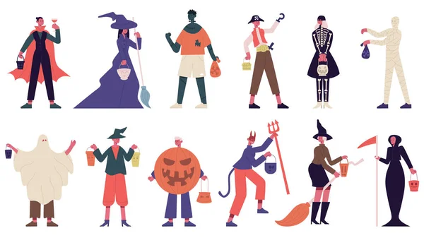 Postacie Halloween. Ludzie w halloween kostiumy, czarownica, duch i mumia kostiumy do karnawałowe strony wektor ilustracji zestaw. Halloween straszne stroje — Wektor stockowy
