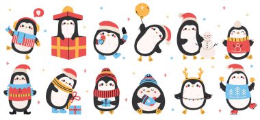Sevimli tatil penguenleri. Noel 'de penguenler, xmas tatilinde kışın penguen karakterleri izole edilmiş vektör çizimleri. Eğlenceli tatiller penguenler
