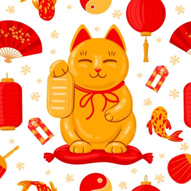 Japon maneki neko bayrağı. İyi şanslar geleneksel Japon kedisi, sevimli kawaii şanslı maneki neko çizgi film çizimi. Sevimli maneki neko posteri